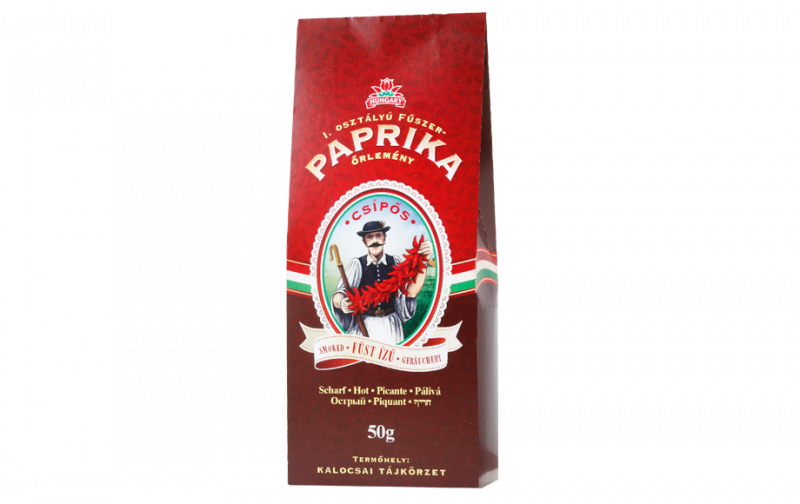 Ungarischer Geräucherter Paprika gemahlen in einer stabilen Papierschachtel 50g, Füst ízű fűszerpaprika őrlemény papírdobozban erős 50g